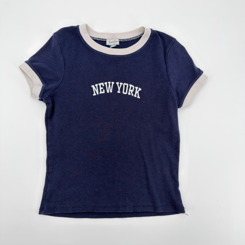 Faded Rose Navy Blue New York Ringer Tee Ribbed Short Sleeve Shirt Large